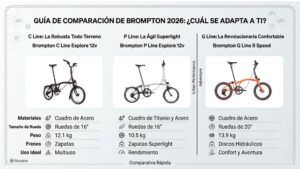 Infografía comparativa Brompton 2026: Diferencias entre G Line, P Line 12v y C Line 12v en Okocicle